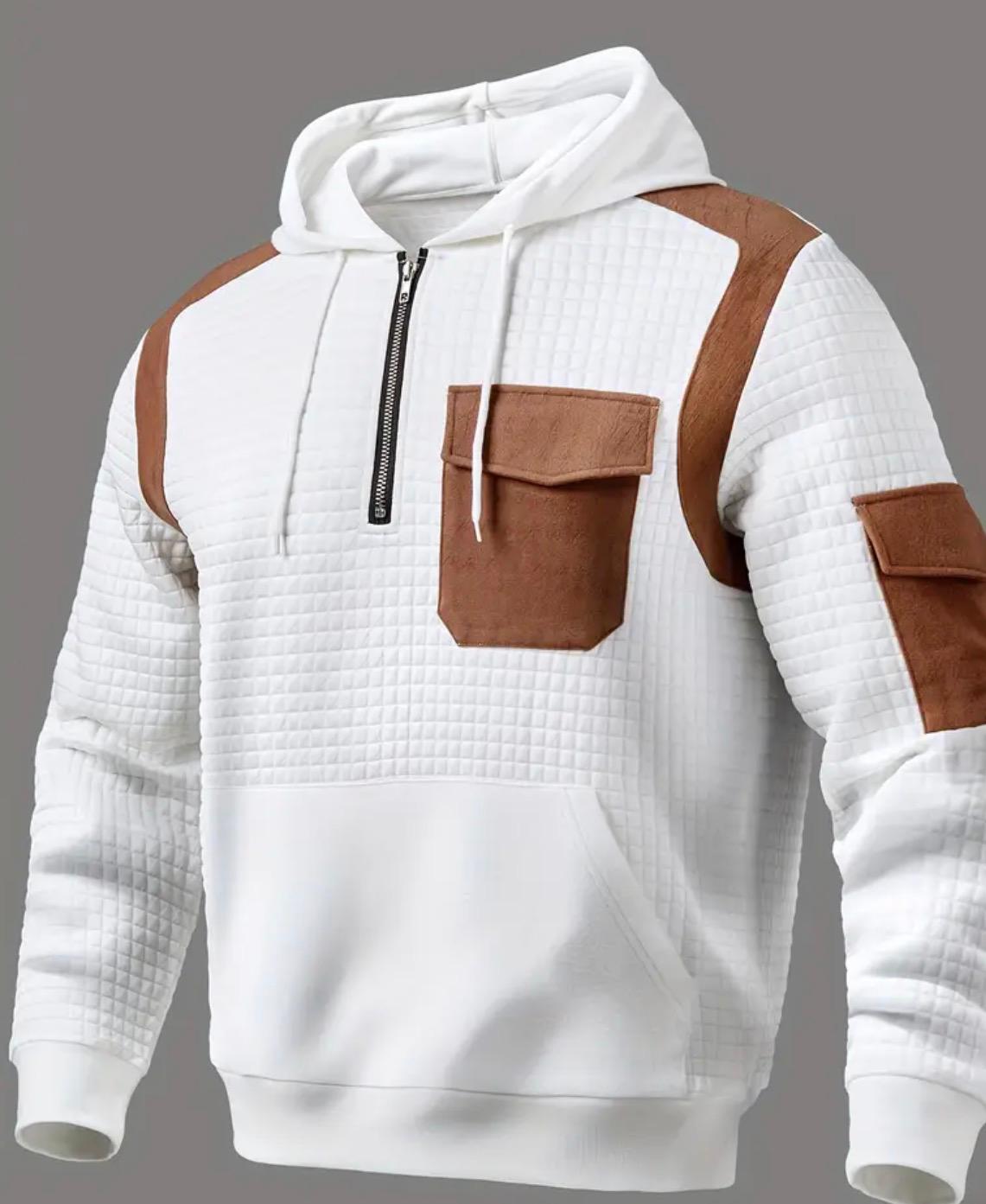 Men'S Retro Waffle Hooded Sweatshirt with Side Pockets - Long Sleeve Pullover, Regular Fit, White and Brown Contrast Design, Perfect for Casual Attire, Half Zip Sweater Men, Long Sleeve Sweater Men, Sweatshirt Men, Old Money Sweatshirt Men, Men Sweater, W
