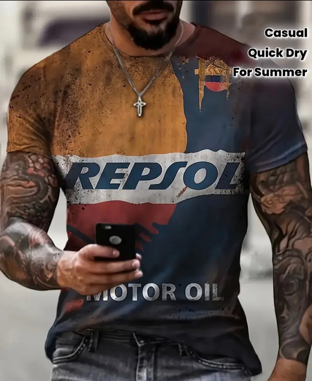 Daily Comfort - Men's Casual 3D Printing Contrast Color T-Shirt Quick Dry Polyester Respol Car Oil Logo Design Short Sleeve Round Neck T-Shirt Suitable for Summer Wear and Vacation Summer Leisure Clothes Round Neck T-shirt Digital Print Top