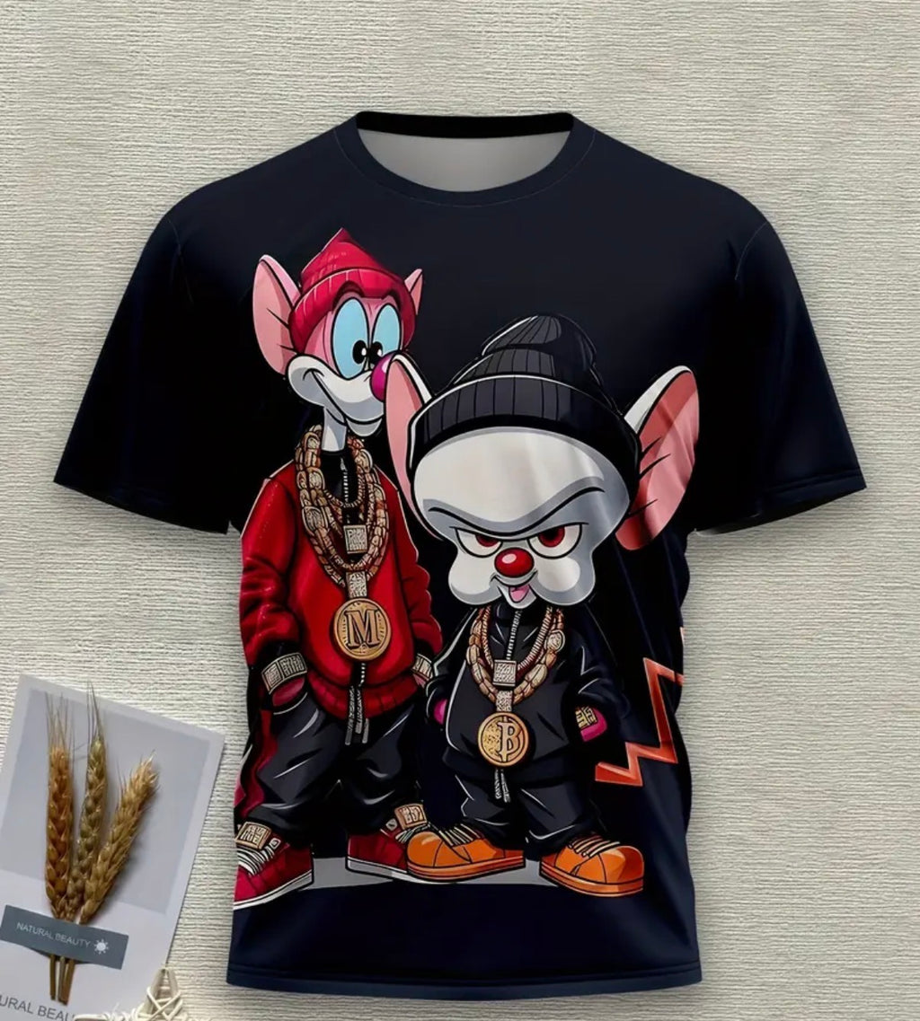 Men's 3D Printed Graphic T-Shirt - Stylish Cartoon Mouse Design, Black Casual Polyester Tee with Bold Jewelry Illustration, Machine Washable, Trendy Streetwear | Edgy Tshirt Design | Durable Casualwear