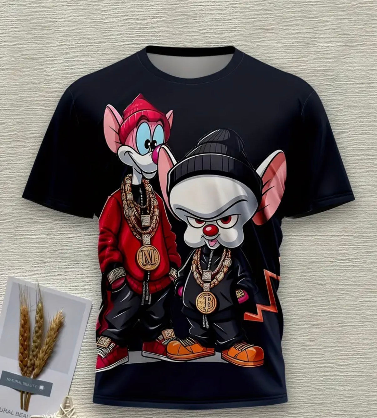 Men's 3D Printed Graphic T-Shirt - Stylish Cartoon Mouse Design, Black Casual Polyester Tee with Bold Jewelry Illustration, Machine Washable, Trendy Streetwear | Edgy Tshirt Design | Durable Casualwear