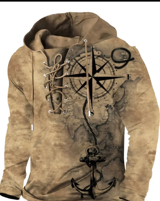 Nautical Charm| Men's Nautical-Themed 3D Print Hoodie - Casual Long Sleeve with Compass & Anchor Design, Polyester & Spandex Blend, Machine Washable, Perfect for Fall/Winter
