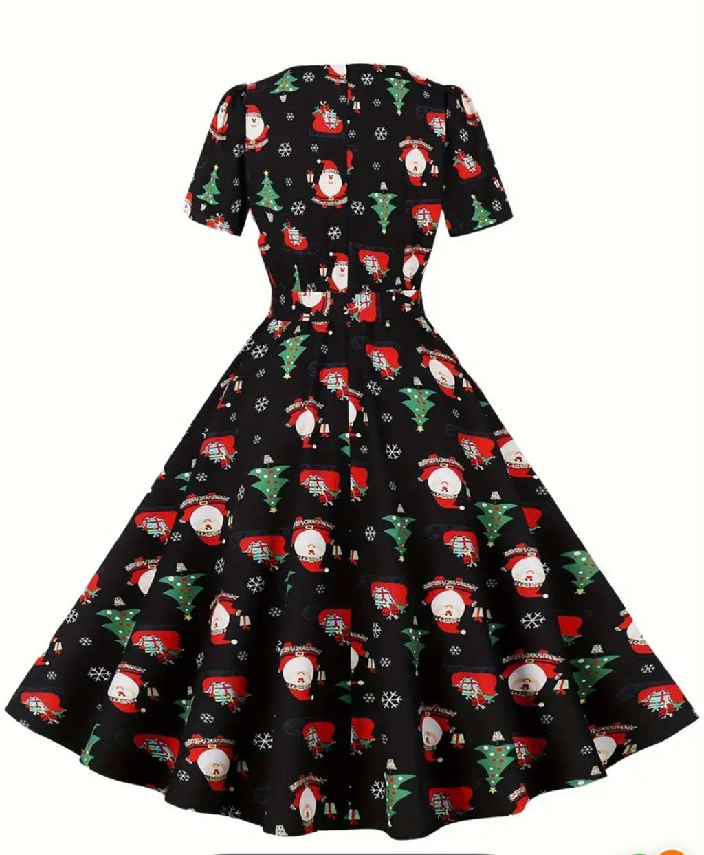 Christmas Santa Print A Line Dress, Vintage Squared Neck Short Sleeve Dress, Women's Clothing