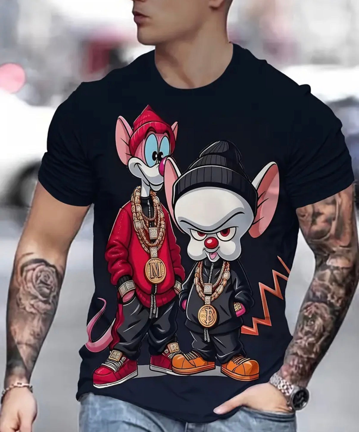 Men's 3D Printed Graphic T-Shirt - Stylish Cartoon Mouse Design, Black Casual Polyester Tee with Bold Jewelry Illustration, Machine Washable, Trendy Streetwear | Edgy Tshirt Design | Durable Casualwear
