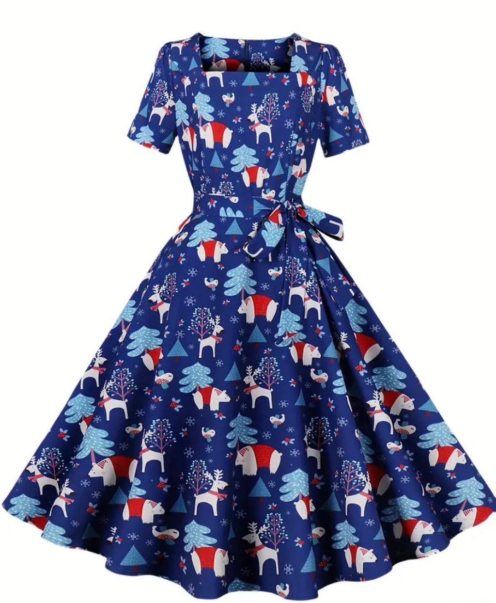 Christmas Santa Print A Line Dress, Vintage Squared Neck Short Sleeve Dress, Women's Clothing