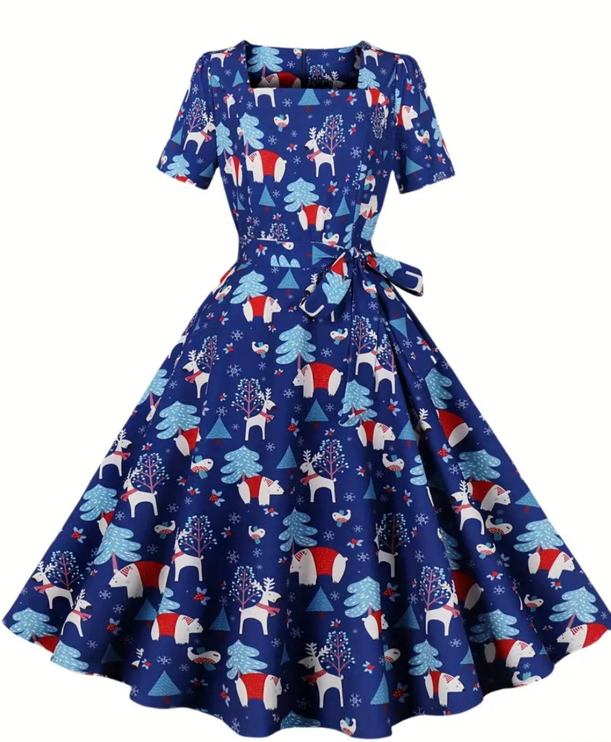 Christmas Santa Print A Line Dress, Vintage Squared Neck Short Sleeve Dress, Women's Clothing