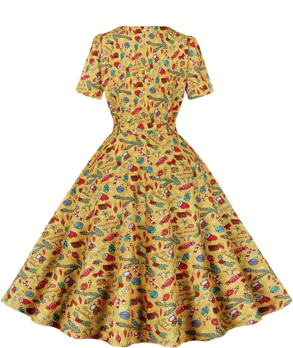 Christmas Santa Print A Line Dress, Vintage Squared Neck Short Sleeve Dress, Women's Clothing