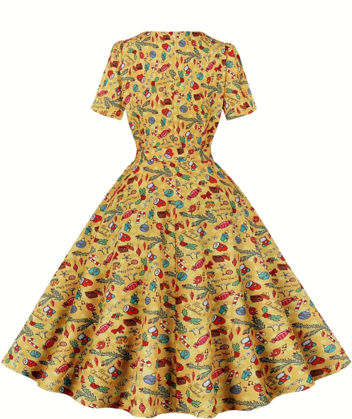 Christmas Santa Print A Line Dress, Vintage Squared Neck Short Sleeve Dress, Women's Clothing