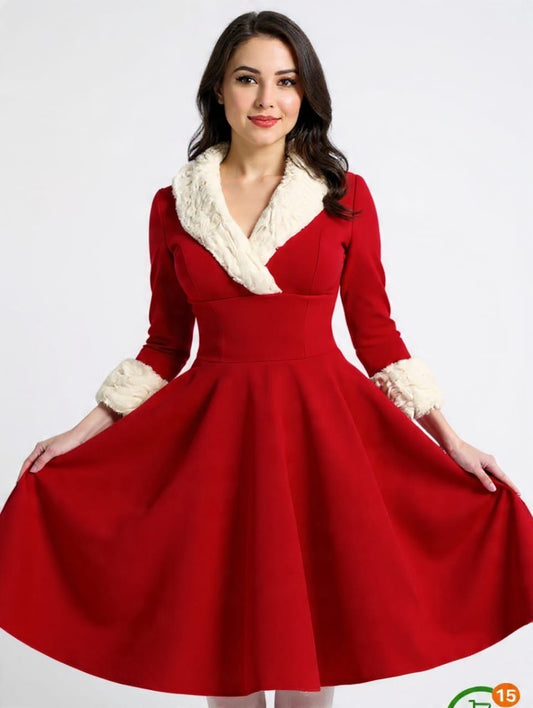 Luxurious Fuzzy Solid V-Neck Midi Dress - Timeless Vintage Style for Christmas Parties - Womens Chic Casual Wear