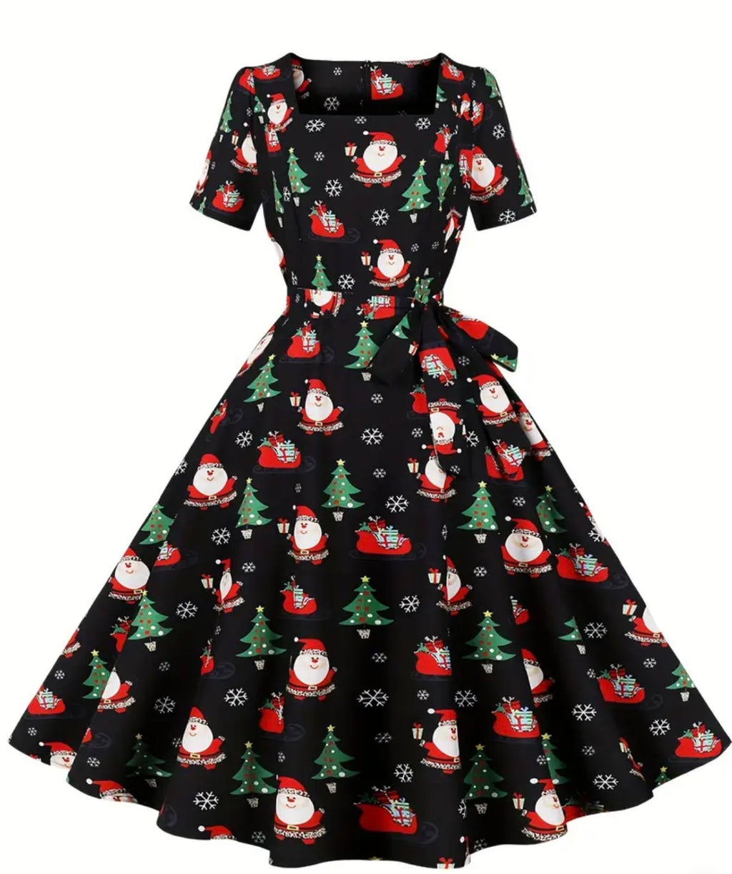 Christmas Santa Print A Line Dress, Vintage Squared Neck Short Sleeve Dress, Women's Clothing