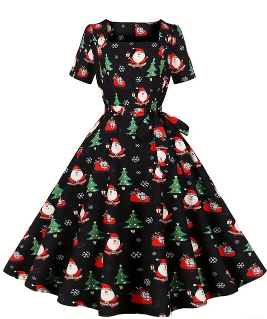 Christmas Santa Print A Line Dress, Vintage Squared Neck Short Sleeve Dress, Women's Clothing