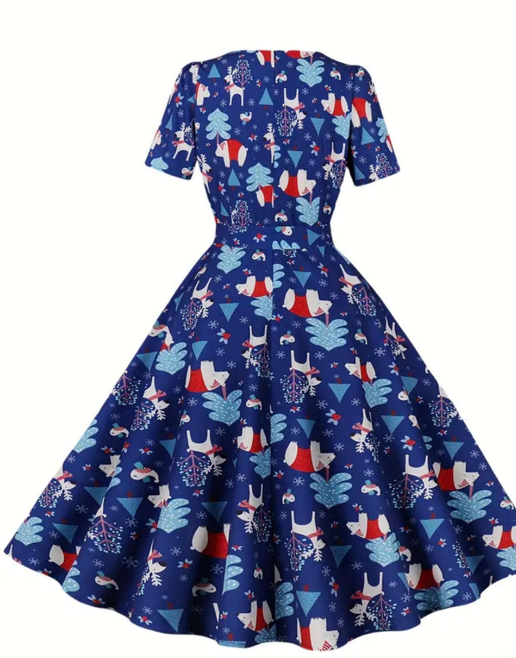 Christmas Santa Print A Line Dress, Vintage Squared Neck Short Sleeve Dress, Women's Clothing