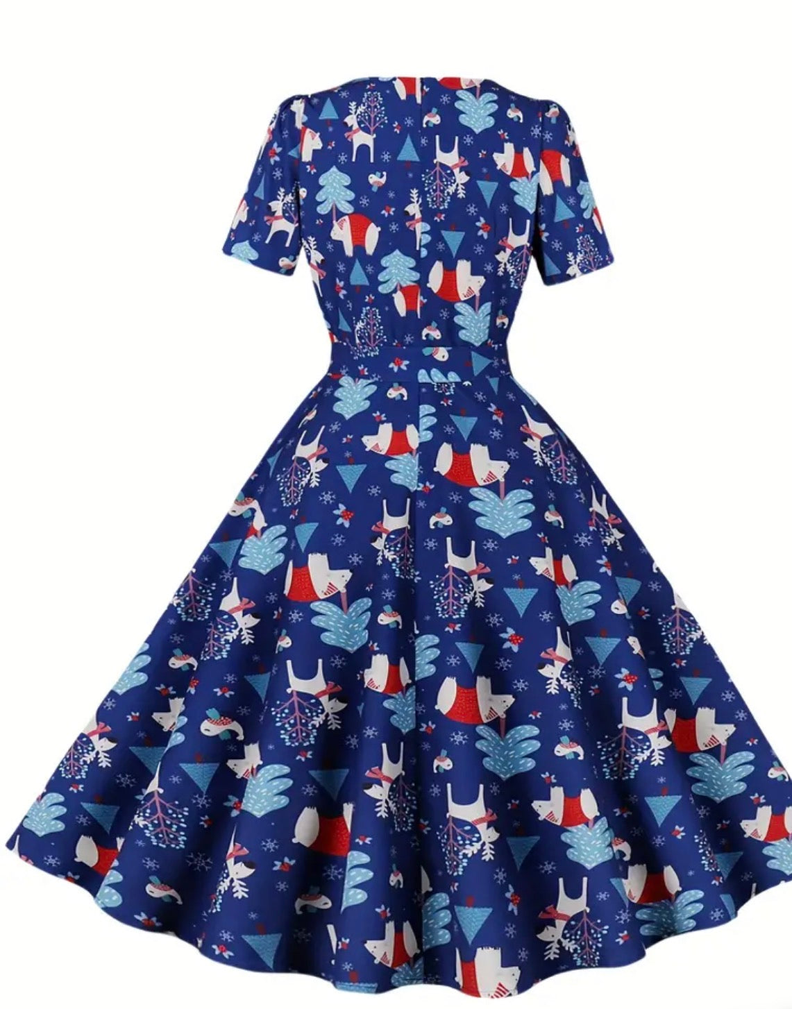 Christmas Santa Print A Line Dress, Vintage Squared Neck Short Sleeve Dress, Women's Clothing