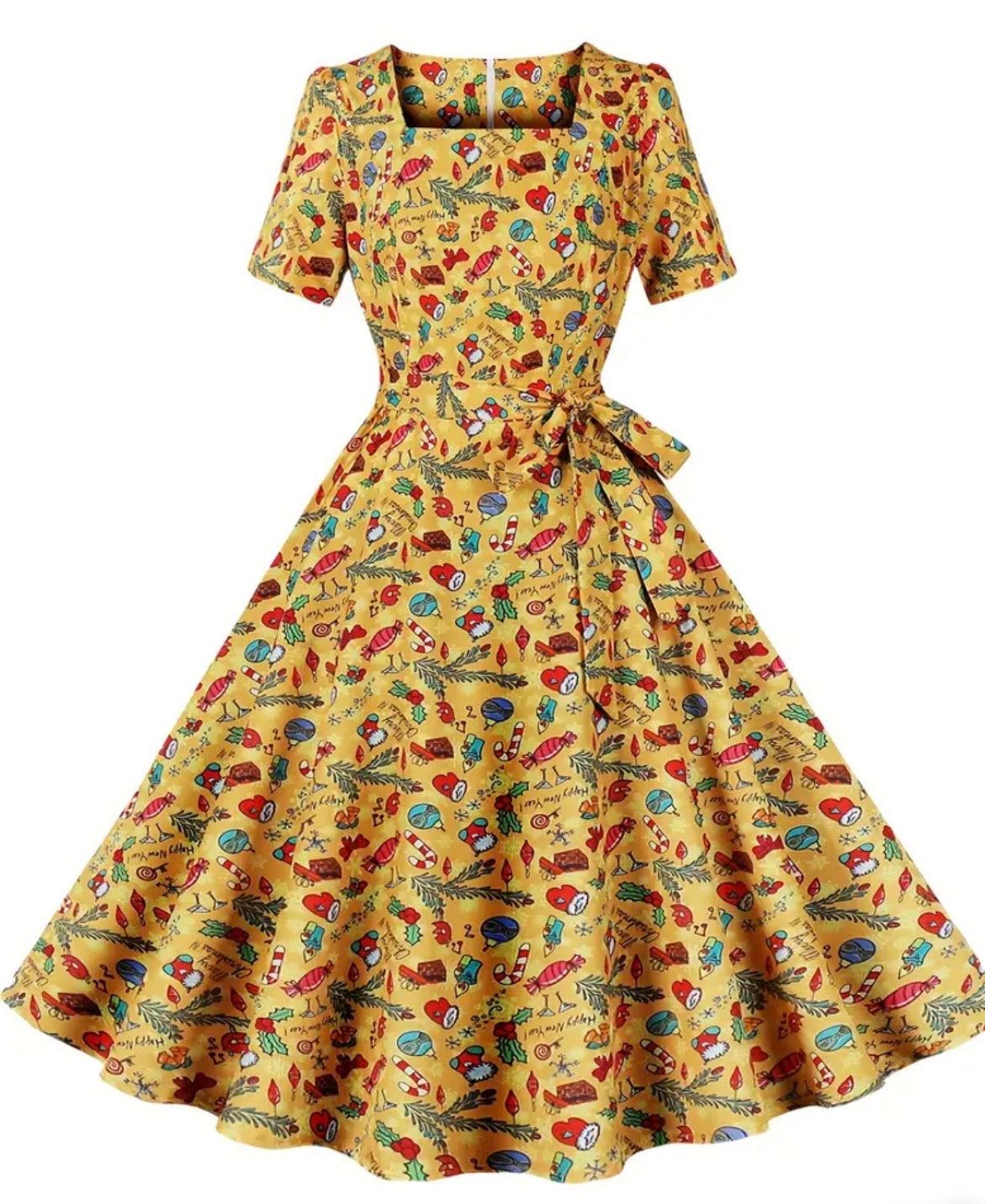 Christmas Santa Print A Line Dress, Vintage Squared Neck Short Sleeve Dress, Women's Clothing