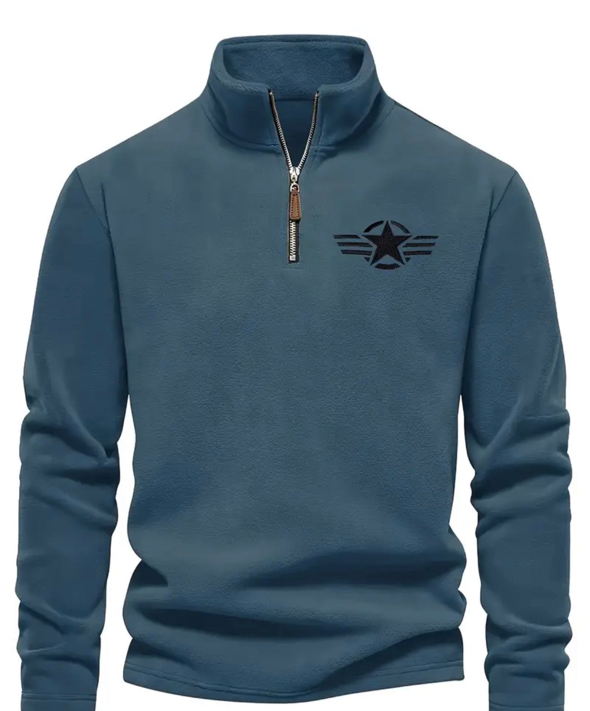 [Stylish Black Fleece Pullover] Stylish Black Fleece Pullover with Star Logo | Stand Collar, Long Sleeve, Zip-Up, Casual Style, Perfect for all