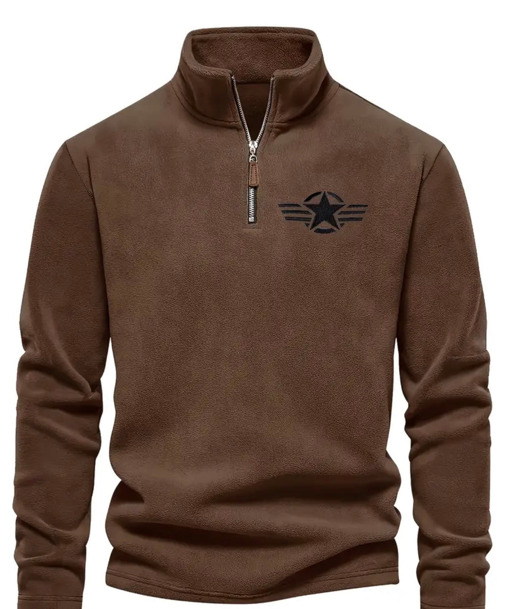[Stylish Black Fleece Pullover] Stylish Black Fleece Pullover with Star Logo | Stand Collar, Long Sleeve, Zip-Up, Casual Style, Perfect for all