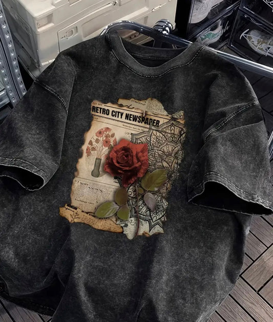 Men's Vintage Washed Black Short Sleeve T-Shirt - Relaxed Fit Floral Print with Red Rose & Map Design, Breathable Summer Casual Tee, Machine Washable, Everyday Comfort | Retro Graphic Shirt | Durable Fabric