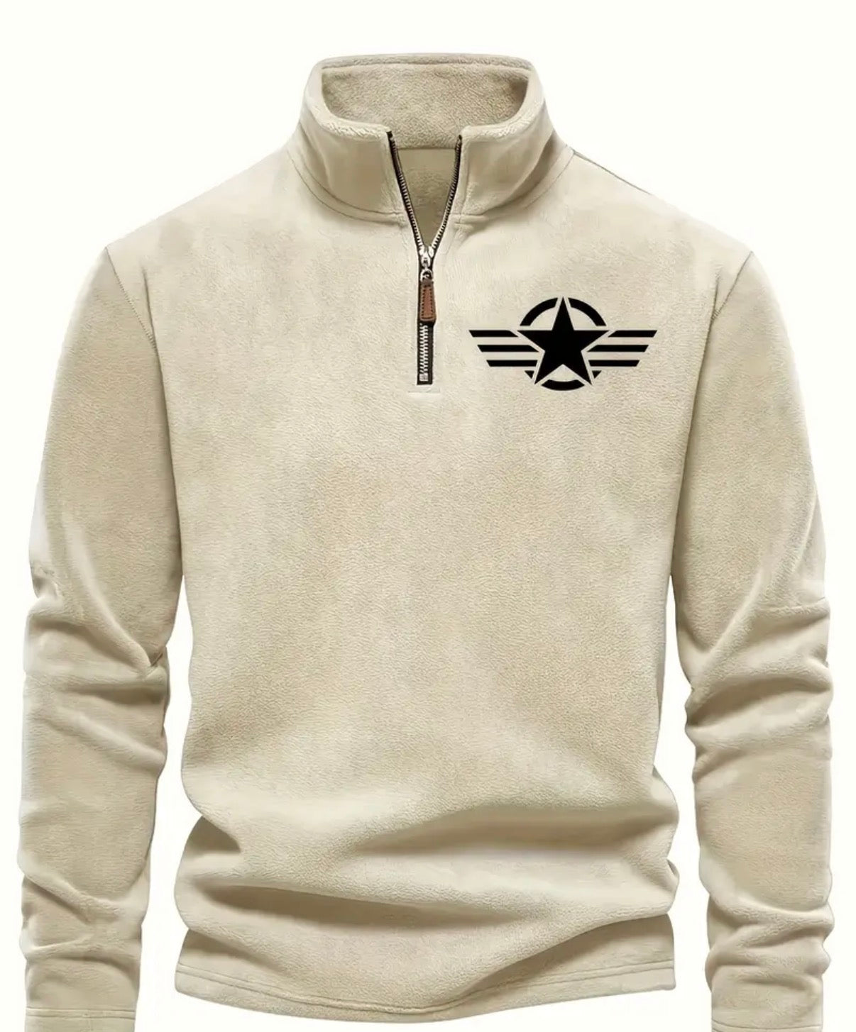 [Stylish Black Fleece Pullover] Stylish Black Fleece Pullover with Star Logo | Stand Collar, Long Sleeve, Zip-Up, Casual Style, Perfect for all