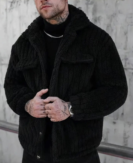 Men's Winter Jacket with Black & White Striped Collar & Single-Breasted Button Front - Soft Short Pile Outer Coat, Machine Washable Casual Outerwear for Cold Weather, Formal & Everyday Use (No), Casual Winter Jacket Men, Lightweight J23:53