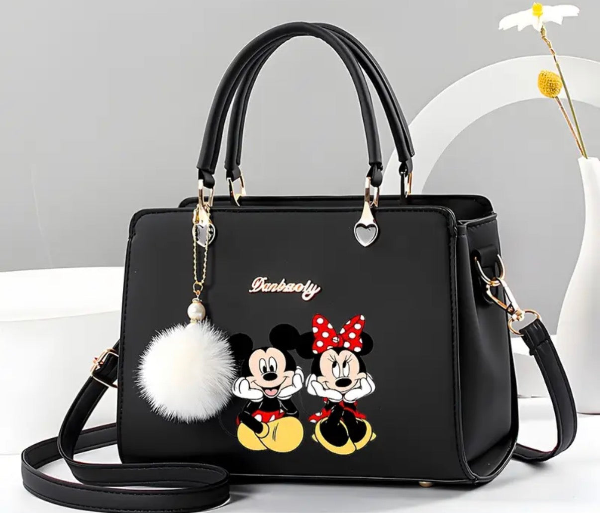 1pc Mickey & Minnie Mouse Women's Crossbody Bag with Detachable Strap, Golden-Tone Hardware & Heart Charm - Spacious Handbag with Zipper Closure, Polyester Lining - Officially Licensed (Black/White) for Everyday Use, Shopping, Travel - Ideal Gift for Fans