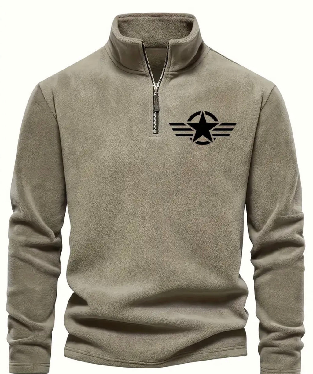 [Stylish Black Fleece Pullover] Stylish Black Fleece Pullover with Star Logo | Stand Collar, Long Sleeve, Zip-Up, Casual Style, Perfect for all