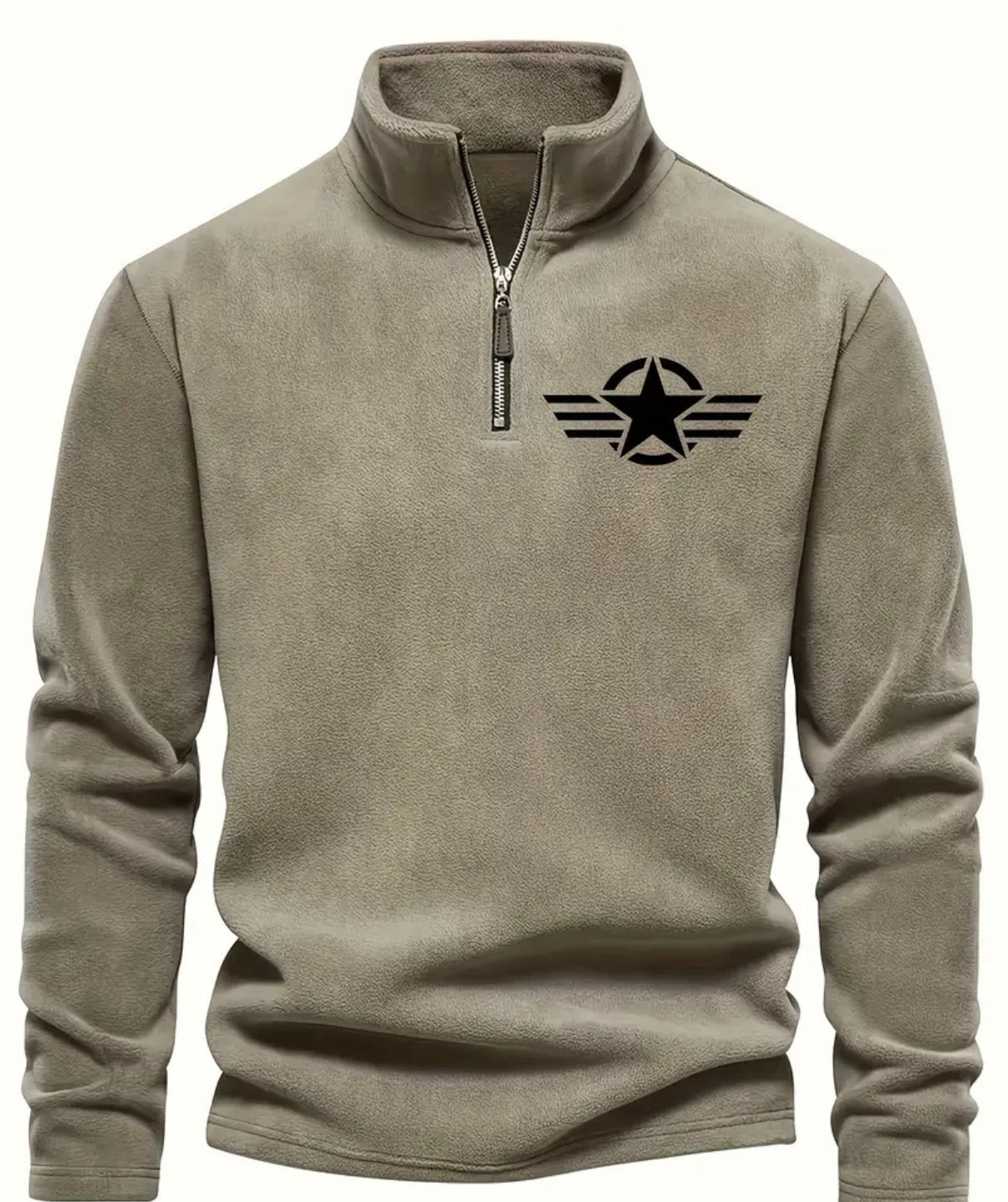 [Stylish Black Fleece Pullover] Stylish Black Fleece Pullover with Star Logo | Stand Collar, Long Sleeve, Zip-Up, Casual Style, Perfect for all