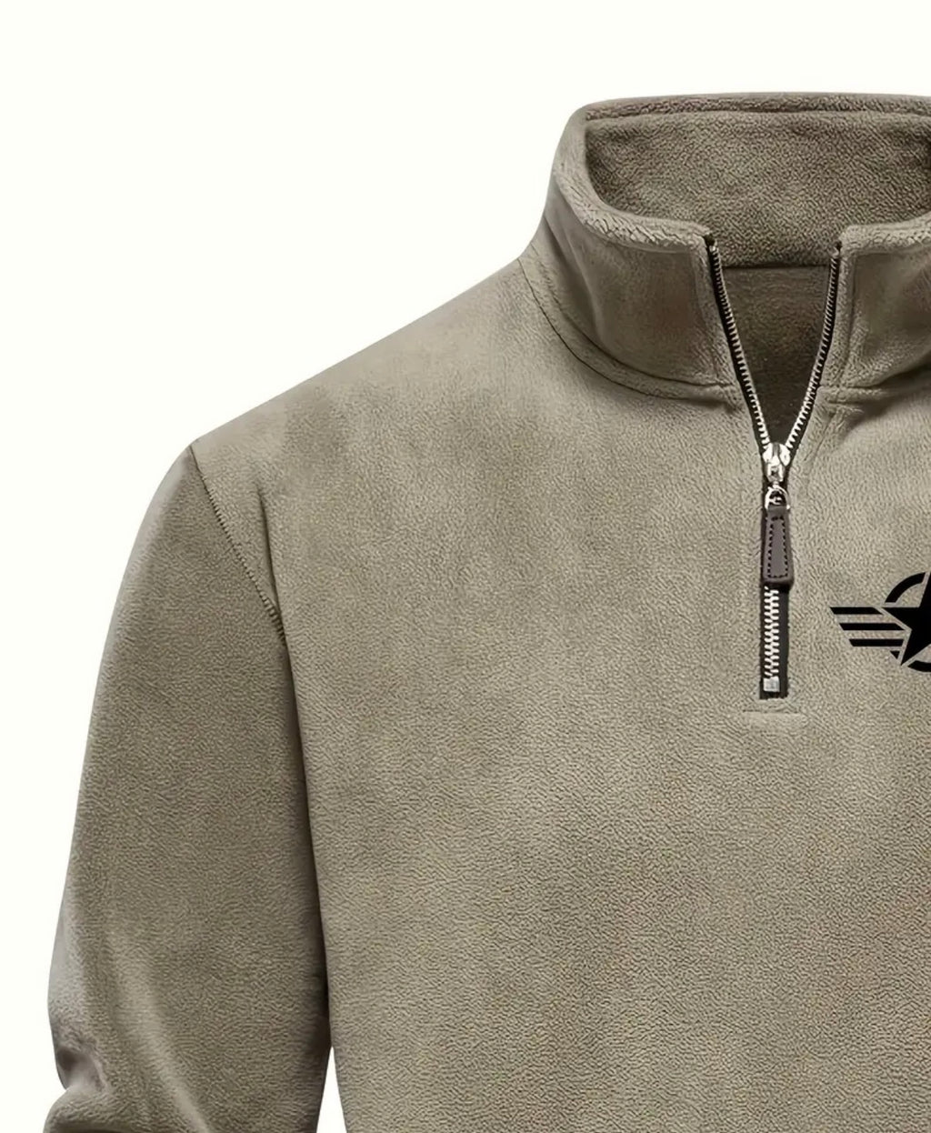 [Stylish Black Fleece Pullover] Stylish Black Fleece Pullover with Star Logo | Stand Collar, Long Sleeve, Zip-Up, Casual Style, Perfect for all
