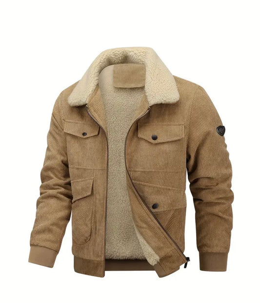 1pc Men'S Corduroy Jacket, Fleece-Lined Thickened Warm and Comfortable, Stylish Versatile Essential for Cold Winter Wear, Trendy Boyfriend Style, Perfect Gift voucher