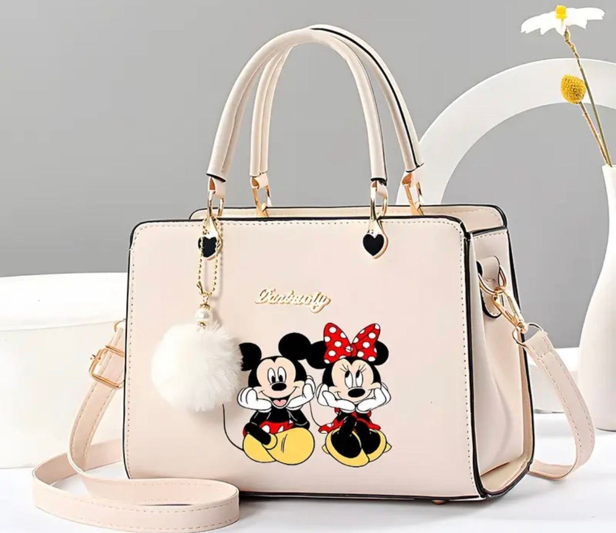 1pc Mickey & Minnie Mouse Women's Crossbody Bag with Detachable Strap, Golden-Tone Hardware & Heart Charm - Spacious Handbag with Zipper Closure, Polyester Lining - Officially Licensed (Black/White) for Everyday Use, Shopping, Travel - Ideal Gift for Fans