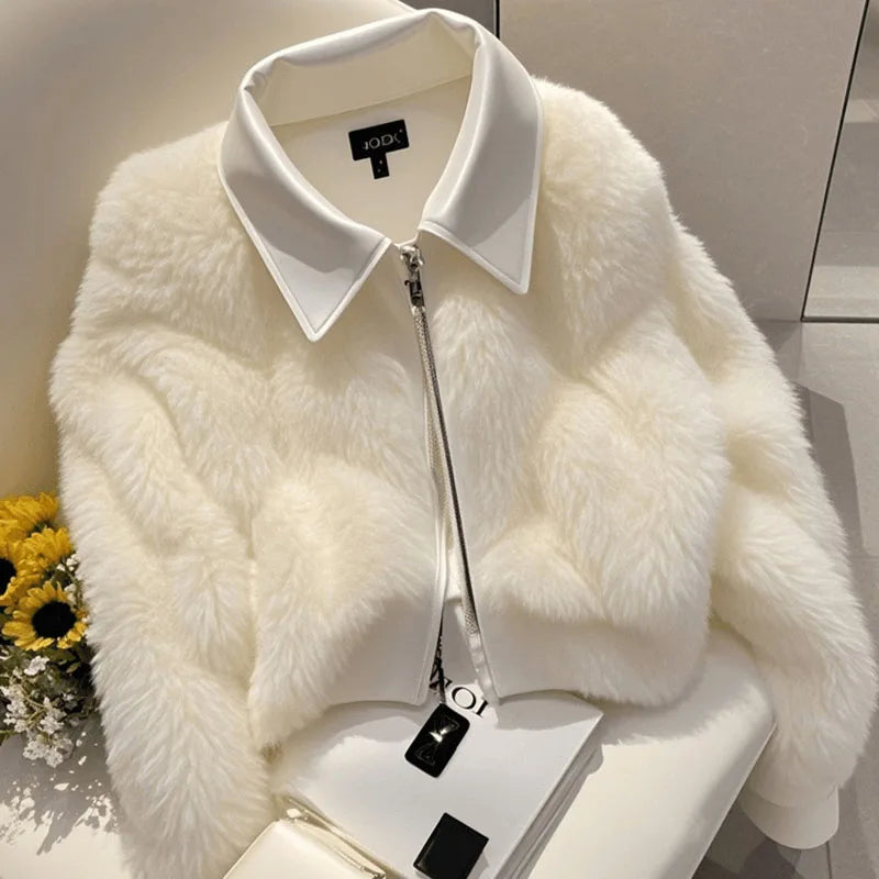 Women's Winter Short Coat Faux Rabbit Fur Jacket New White Luxury Lazy Style Noble Queen Fashionable High-end Outerwear Y2K 2025