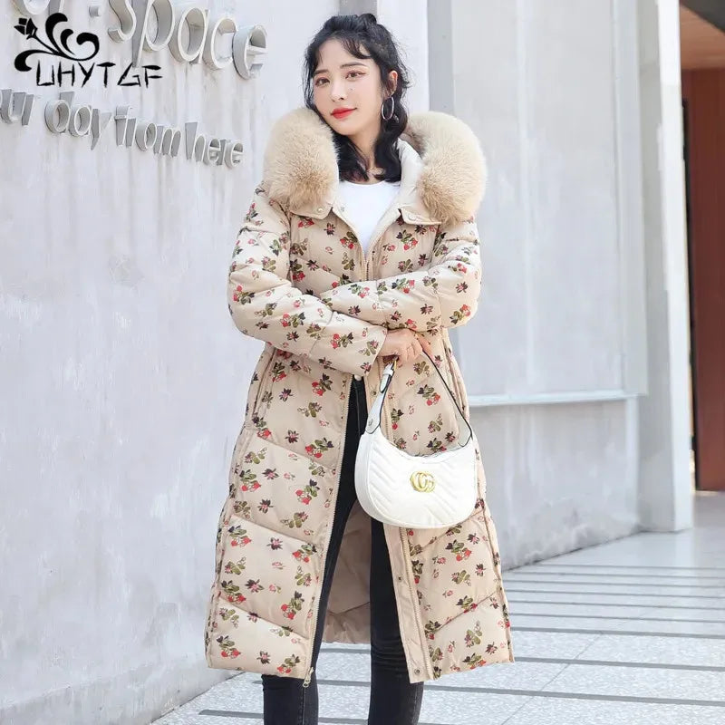 UHYTGF Two-sided Wearing Down Jackets For Women Winter Clothes Women Coat 2025 Windproof Long Print Simple Basic Feather Coats