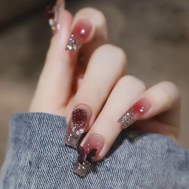 Stylish Butterfly Camellia Coffin Nails