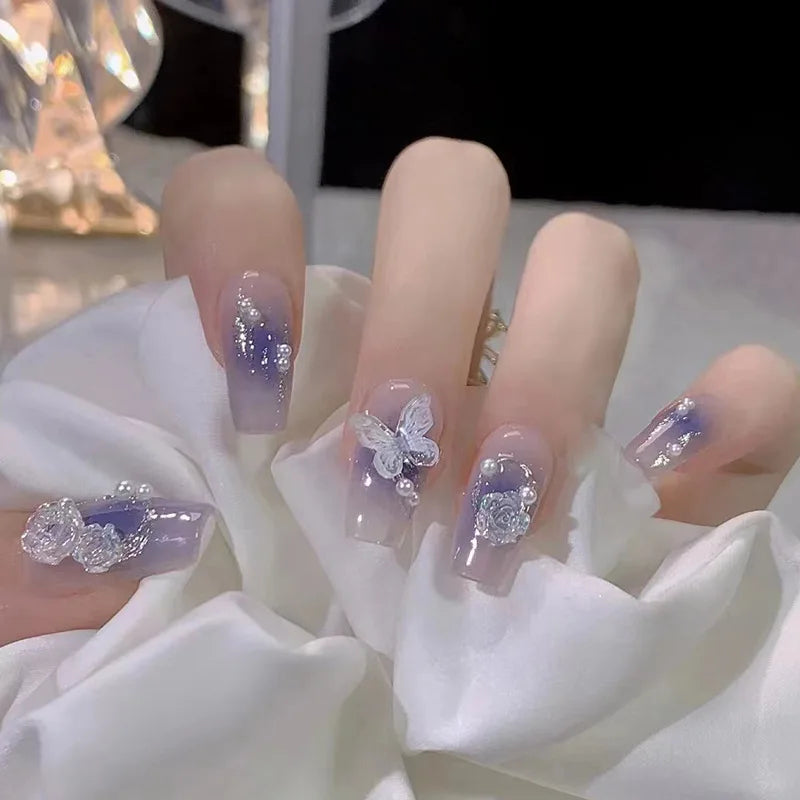 Stylish Butterfly Camellia Coffin Nails