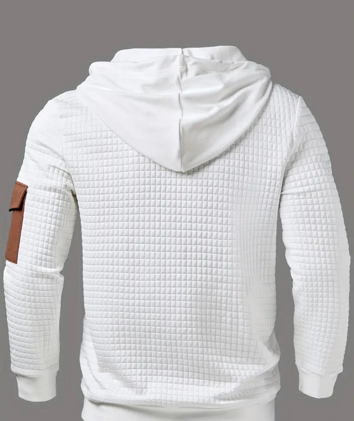 Men'S Retro Waffle Hooded Sweatshirt with Side Pockets - Long Sleeve Pullover, Regular Fit, White and Brown Contrast Design, Perfect for Casual Attire, Half Zip Sweater Men, Long Sleeve Sweater Men, Sweatshirt Men, Old Money Sweatshirt Men, Men Sweater, W