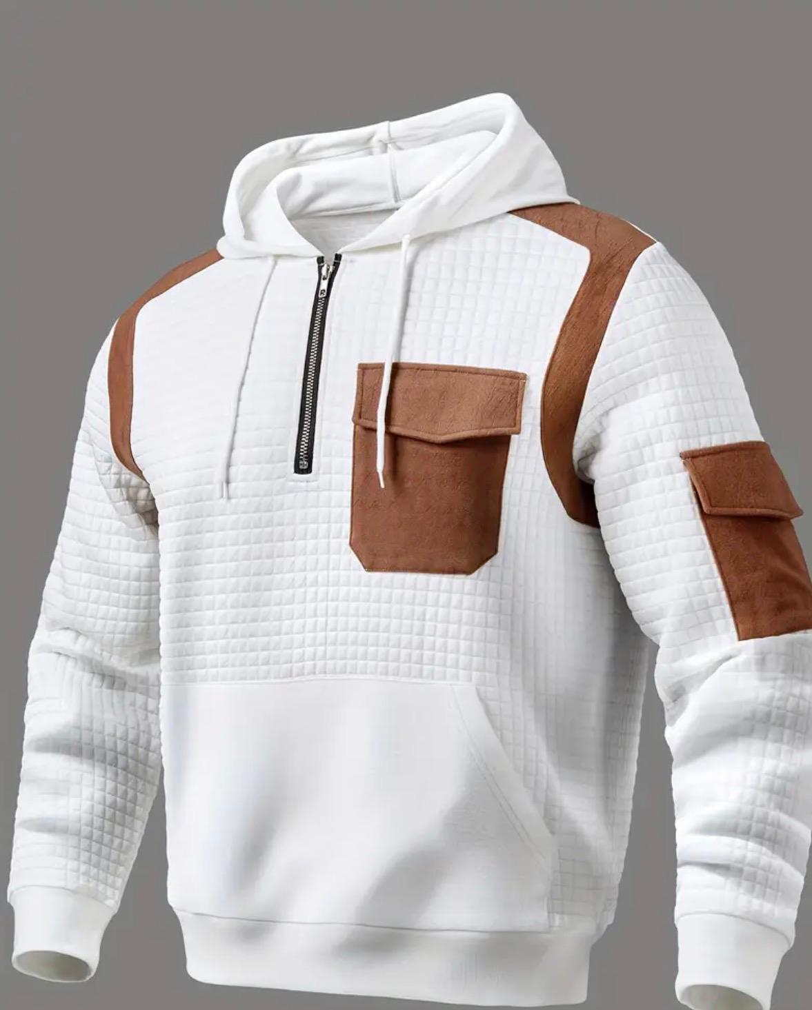 Men'S Retro Waffle Hooded Sweatshirt with Side Pockets - Long Sleeve Pullover, Regular Fit, White and Brown Contrast Design, Perfect for Casual Attire, Half Zip Sweater Men, Long Sleeve Sweater Men, Sweatshirt Men, Old Money Sweatshirt Men, Men Sweater, W