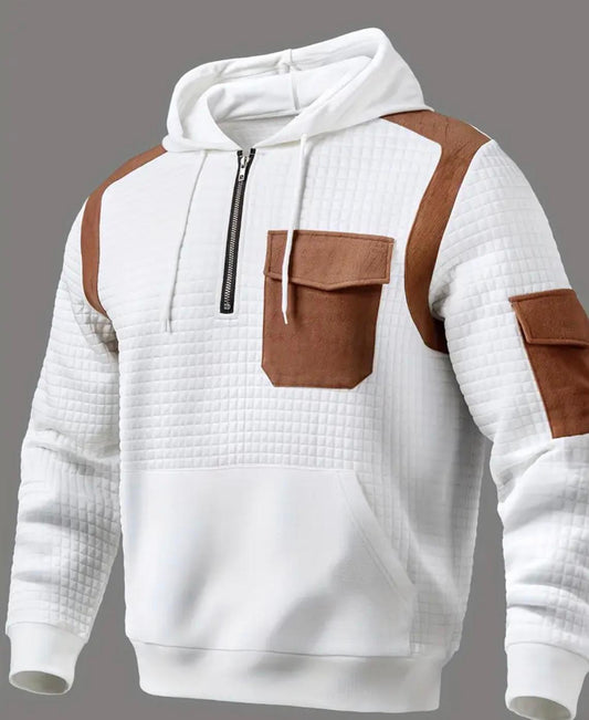 Men'S Retro Waffle Hooded Sweatshirt with Side Pockets - Long Sleeve Pullover, Regular Fit, White and Brown Contrast Design, Perfect for Casual Attire, Half Zip Sweater Men, Long Sleeve Sweater Men, Sweatshirt Men, Old Money Sweatshirt Men, Men Sweater, W